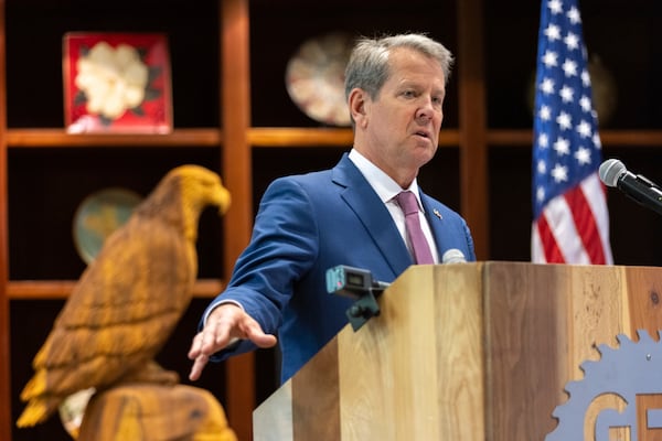 Gov. Brian Kemp speaks before signing Hurricane Helene relief bills at the Georgia Forestry Association in Forsyth on Thursday, May 8, 2025. (Arvin Temkar