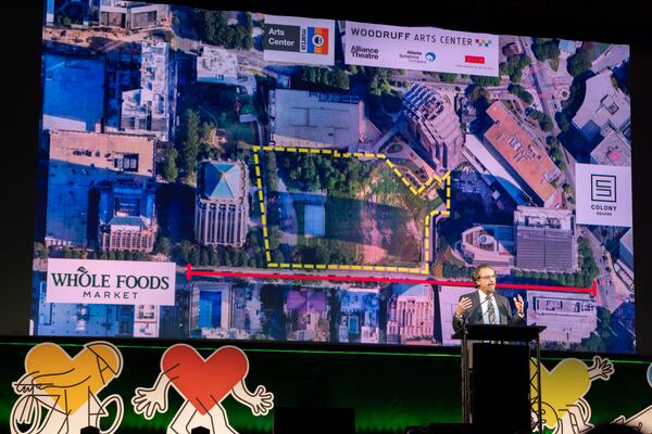 “For years, we’ve sat and talked about the imperative of creating open space in Midtown to permanently protect,” Midtown Alliance President and CEO Kevin Green told the 1,000-plus person crowd at the Fox Theatre on Tuesday. (Arvin Temkar/AJC)