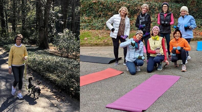Kathy Costley Broyles, 65, of Sandy Springs is featured in the left in a photo taken in February 2022. (Photo provided by Kathy Costley Broyles). The P.E. Group, featured on the right, is as follows: Front row, from left: Kathy Costley Broyles, Pam Zendt, Ilsa Mendoza-Jackson. Back row, from left: Irene Gruenhut, Knoxie Walstead, Dana Kuehn, Virginia Stoner. (Photo credit: Cindy Hubbard)