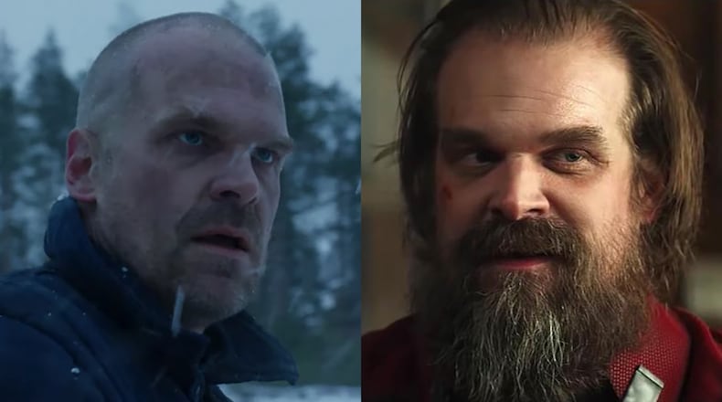 David Harbour stars in both "Stranger Things" (left) and "Black Widow" (right). CR: NETFLIX/MARVEL