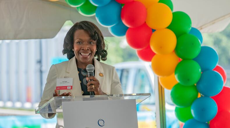 Cobb County Commission Chairwoman Lisa Cupid speaks at a Cumberland Community Improvement District event near the Battery on Tuesday, July 25, 2023. Cupid qualified for reelection this week and faces two challengers. (Katelyn Myrick/katelyn.myrick@ajc.com)