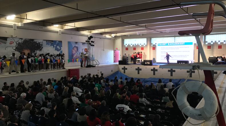 Atlanta Public Schools Superintendent Meria Carstarphen delivers her annual State of the District Address on Friday from the defunct swimming pool at Hollis Innovation Academy. AJC/Vanessa McCray