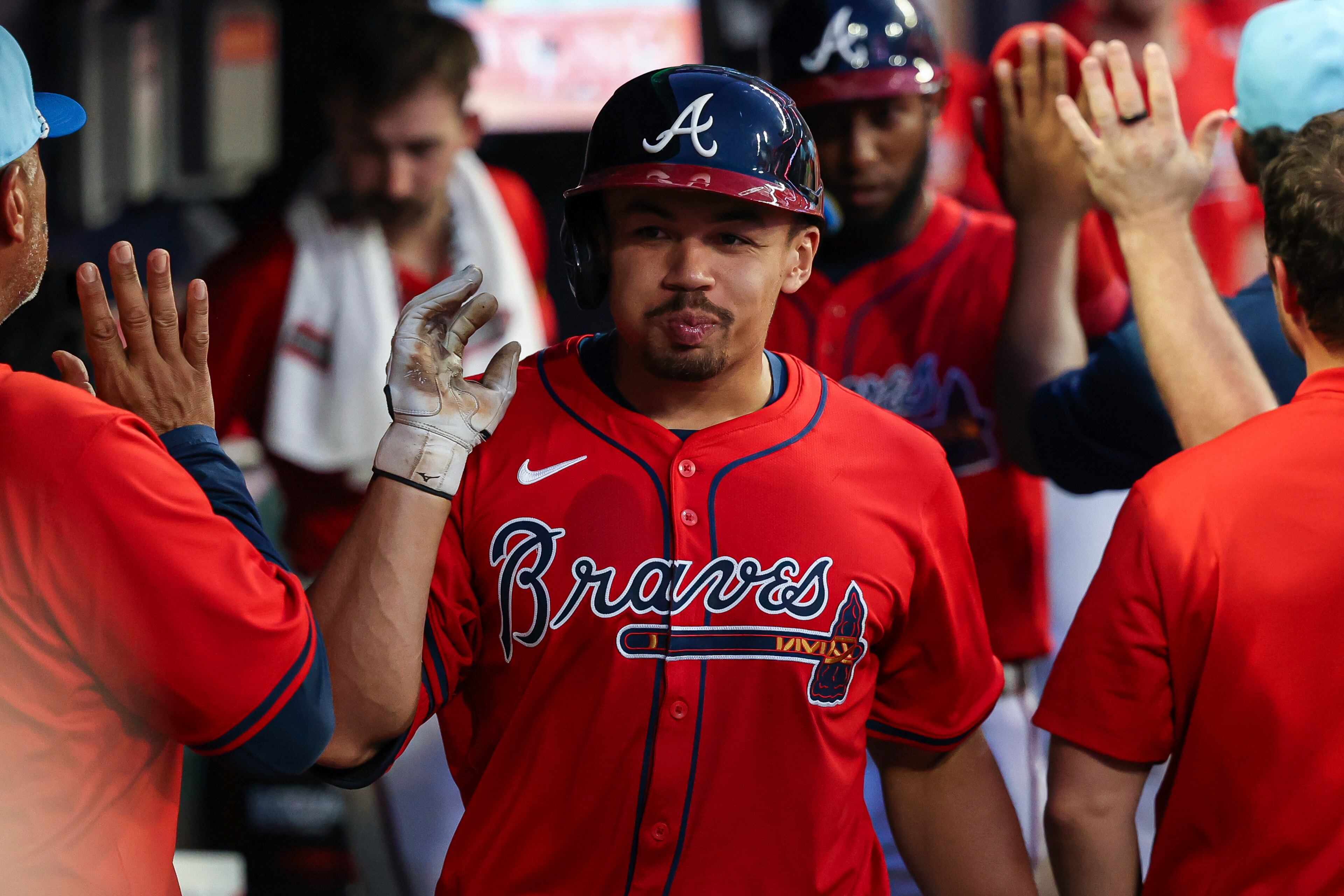 Braves catcher Drake Baldwin high-fives teammates in the dugout after hitting a two-run home run against the Baltimore Orioles on Friday, July 4, 2025, in Atlanta. (Colin Hubbard/AP)