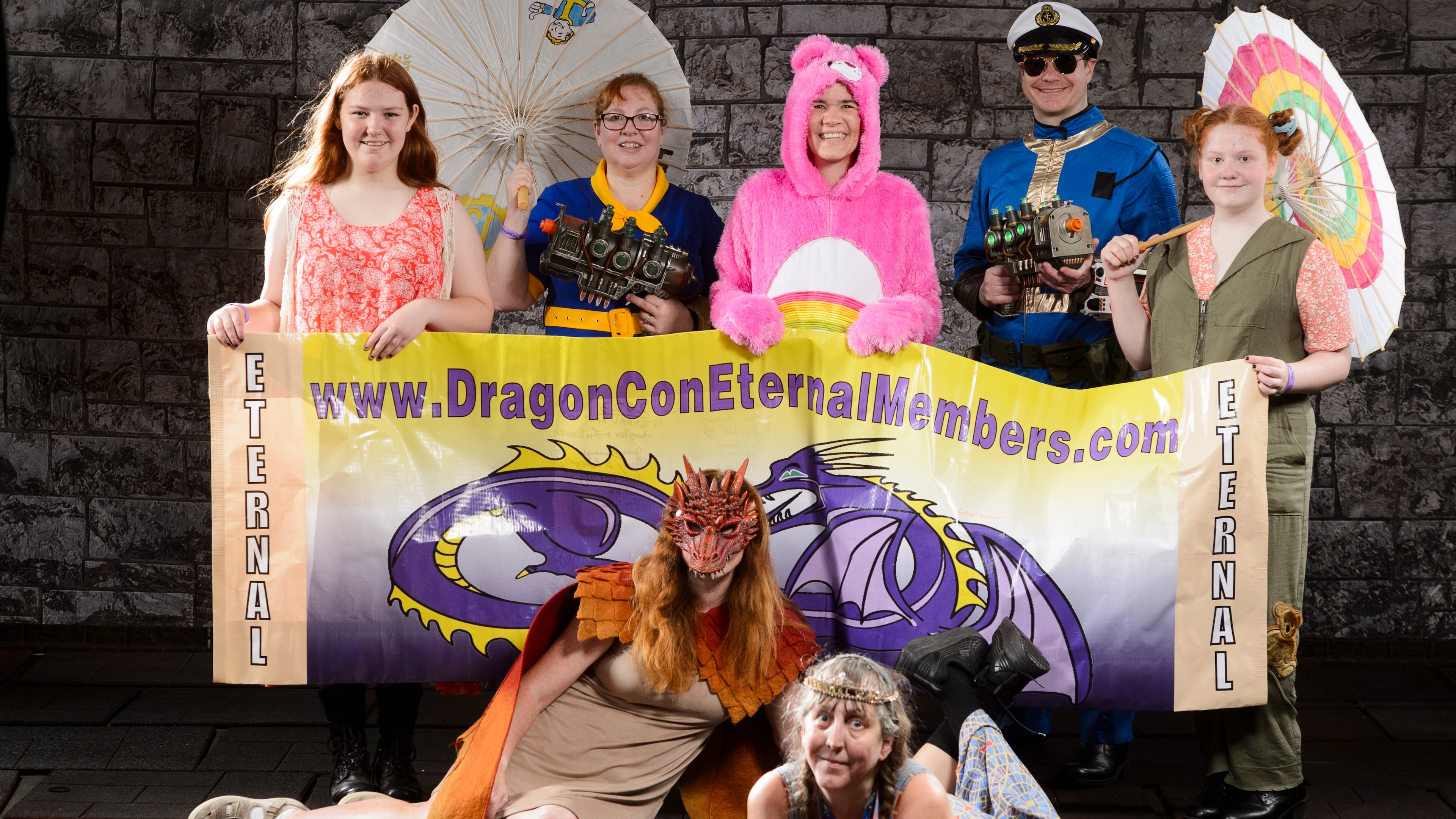 Dragon Con Eternal members from 2024. Top row from left to right: Anna Pritchett, Dana Genchi Pritchett, Karry Birnley, Henry Burroughs and Audrey Pritchett. Bottom row: Julie Burroughs (left) and "Eternal Zan" Bowden. (Courtesy)