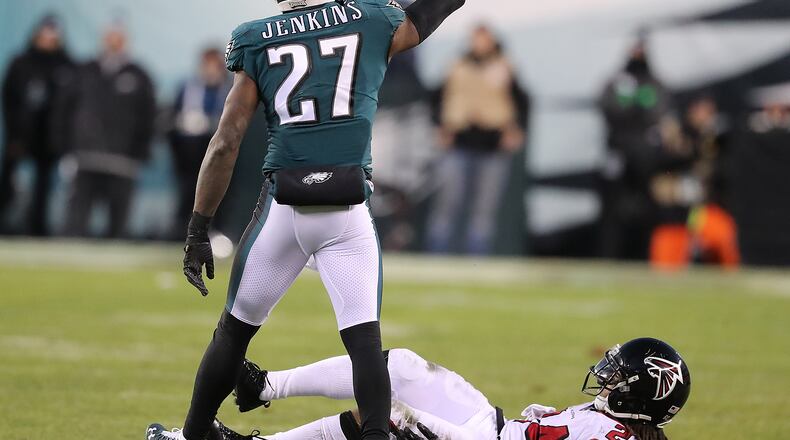 January 13, 2018 Philadelphia: Eagles safety Malcolm Jenkins reacts to stopping Falcons running back Devonta Freeman short of a first down on a fourth down attempt to turn in over on downs during the first half in their NFC Divisional Game on Saturday, January 13, 2018, in Philadelphia. The Eagles beat the Falcons 15-10. Curtis Compton/ccompton@ajc.com