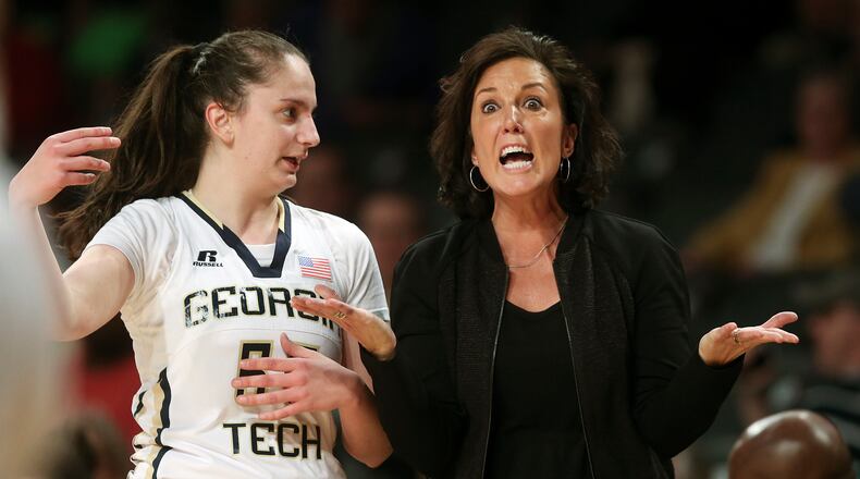 MaChelle Joesph gestures as she speaks to Georgia Tech guard Antonia Peresson (55) against the Notre Dame, Thursday, Jan. 28, 2016, in Atlanta. Peresson played in 134 games and started 56 for Joseph and the Yellow Jackets.