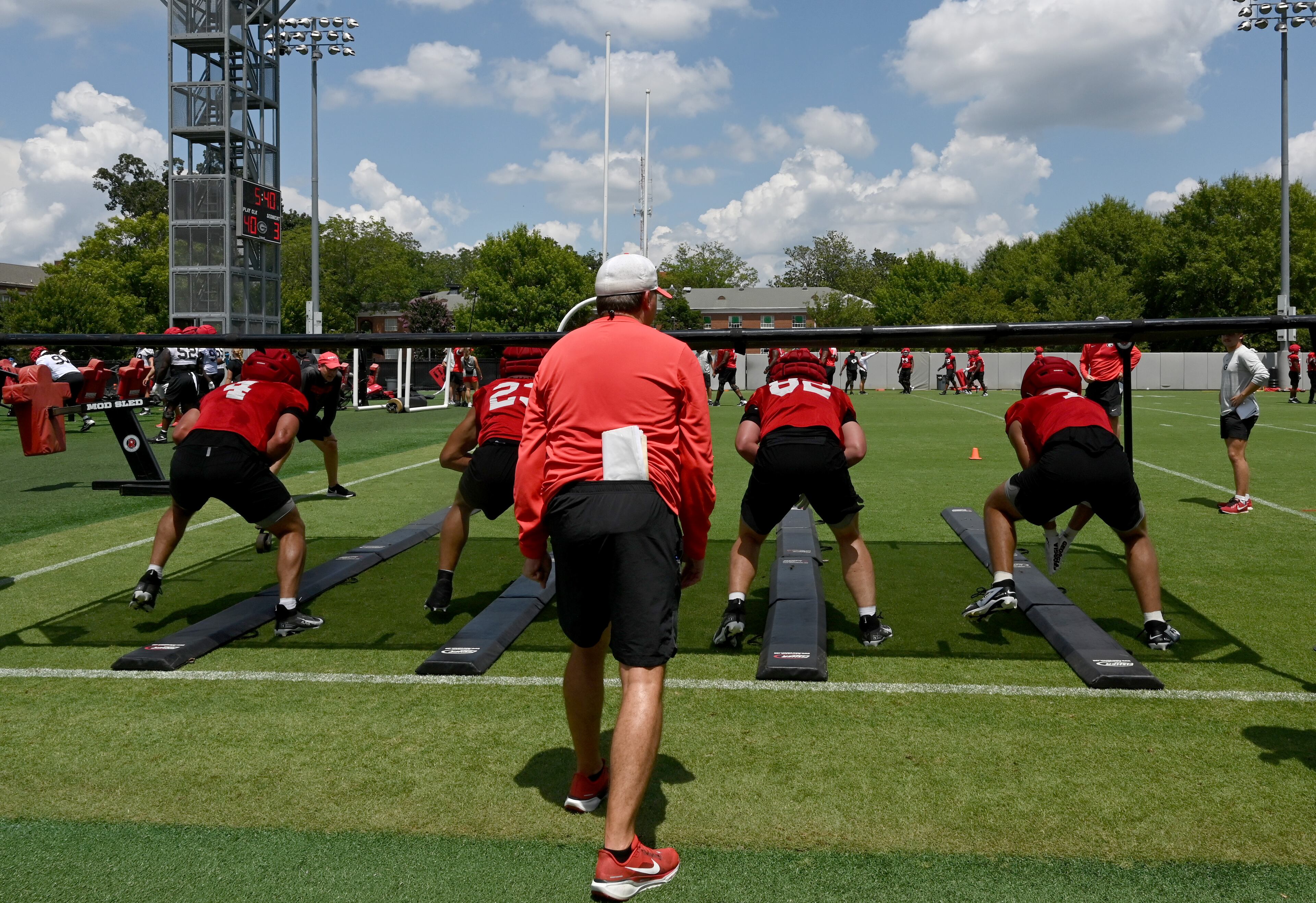 Georgia players participate in a football practice at the University of Georgia practice facility, Thursday, July 31, 2025, in Athens. (Hyosub Shin / AJC)