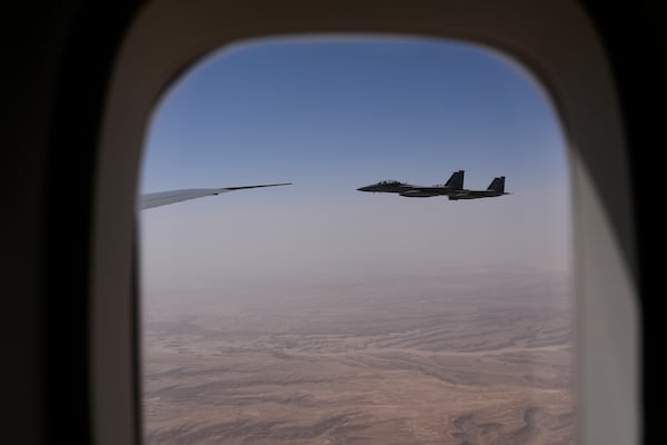 Saudi Air Force F-15 warplanes escort Air Force One carrying President Donald Trump as it arrives in Saudi Arabia, Tuesday, May 13, 2025. (AP Photo/Alex Brandon)