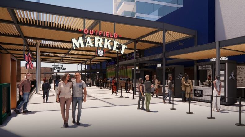 The Braves announced Feb. 24, 2025 that they’ll be unveiling a new food hall at Truist Park this season. The Outfield Market, which will open before the home opener April 4, includes eight food stalls. The market also features a dining area, team store, grab-n-go concession options and a 470-square-foot LED board. (Rendering courtesy of the Atlanta Braves)