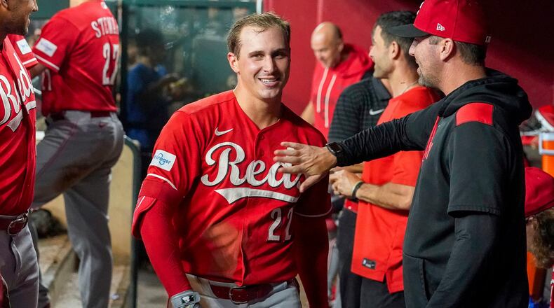 Cincinnati Reds' JJ Bleday, is all smiles after hitting a home run to complete hitting for the cycle during the sixth inning of a baseball game against the Arizona Diamondbacks, Saturday, Aug. 22, 2026, in Phoenix. (AP Photo/Darryl Webb)