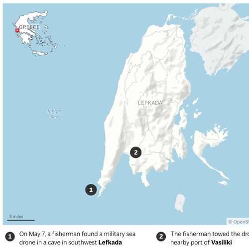 Map showing where a military drone was found on the Greek island of Lefkada. (AP Digital Embed)