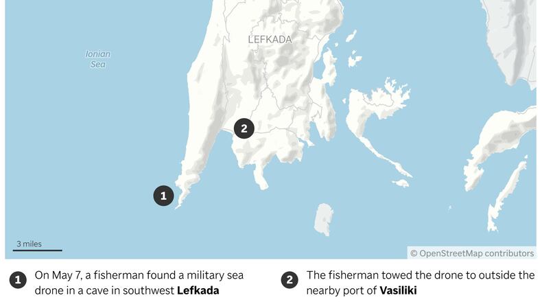 Map showing where a military drone was found on the Greek island of Lefkada. (AP Digital Embed)