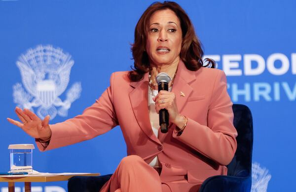 Vice President Kamala Harris speaks Monday during an event at the Georgia International Convention Center to kick off her economic tour focusing on improving opportunities for Black men. (Natrice Miller/ AJC)