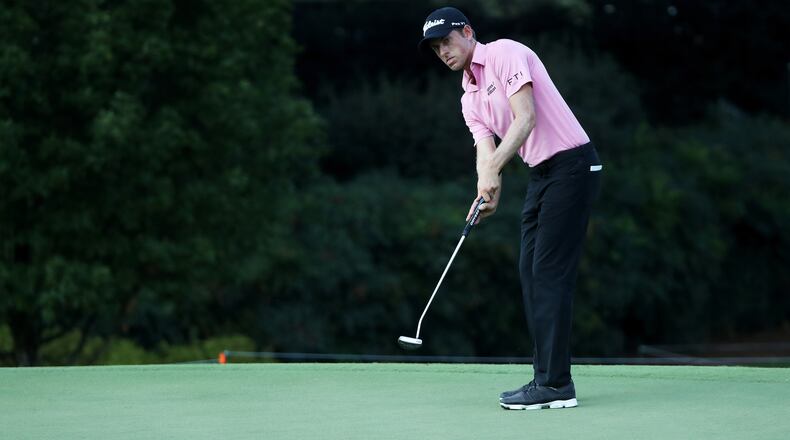 Webb Simpson  putts on the 16th green during the second round of the Tour Championship at East Lake Golf Club on September 22, 2017 in Atlanta, Georgia.  (Photo by Sam Greenwood/Getty Images)