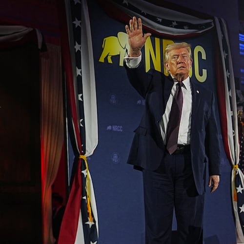 President Donald Trump waves after speaking at the National Republican Congressional Committee's (NRCC) annual fundraising dinner, Wednesday, March 25, 2026, at Union Station in Washington. (AP Photo/Julia Demaree Nikhinson)
