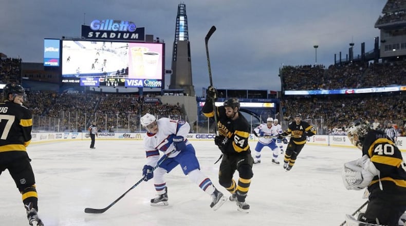 Boston Bruins' Tuukka Rask (40) makes a save as Adam McQuaid (54) defends against Montreal Canadiens' Brendan Gallagher (11) during the third period of the NHL Winter Classic hockey game at Gillette Stadium in Foxborough, Mass., Friday, Jan. 1, 2016. The Canadiens won 5-1. (AP Photo/Michael Dwyer)