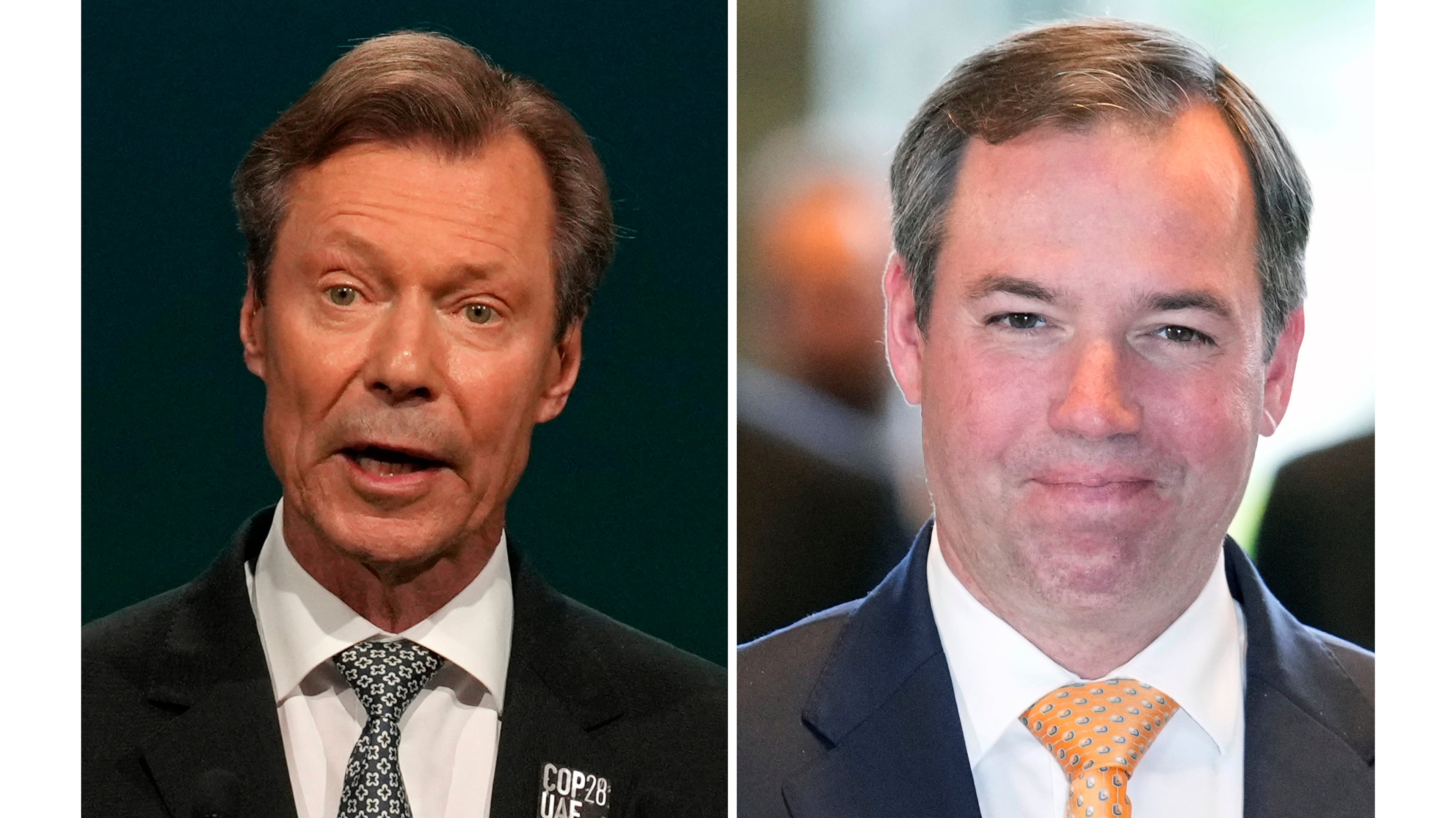FILE - This photo combination shows Grand Duke Henri of Luxembourg, left, Dec. 1, 2023, in Dubai, United Arab Emirates and Luxembourg's Crown Prince Guillaume in Tokyo, June 10, 2024. (AP Photo/Rafiq Maqbool, Franck Robichon/Pool Photo via AP)