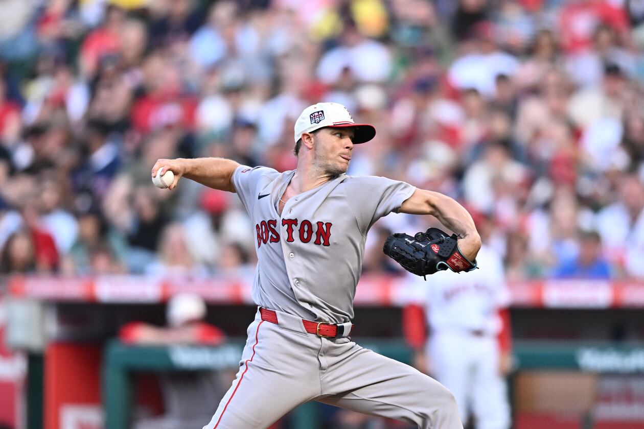The Red Sox's Sonny Gray delivers a pitch during the first inning against the Angels on July 4, 2026, in Anaheim, California. (William Liang/AP)