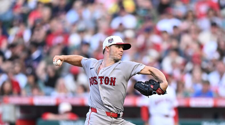Boston Red Sox pitcher Sonny Gray delivers during the first inning of a baseball game against the Los Angeles Angels, Saturday, July 4, 2026, in Anaheim, Calif. (AP Photo/William Liang)