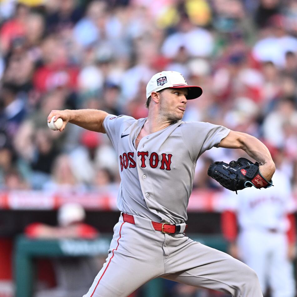 The Red Sox's Sonny Gray delivers a pitch during the first inning against the Angels on July 4, 2026, in Anaheim, California. (William Liang/AP)