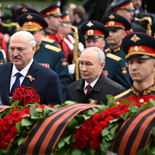 Russian President Vladimir Putin, left,and Belarusian President Alexander Lukashenko, attend a ceremony to lay flowers at the Tomb of the Unknown Soldier by the Kremlin wall inMoscow, Saturday, May 9, 2026, during celebrations of the 81st anniversary of the Soviet Union's victory over Nazi Germany during World War II. (Pelagiya Tikhonova, Sputnik, Kremlin Pool Photo via AP)