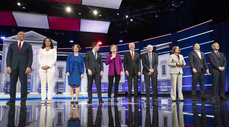 The 10 Democratic presidential candidates took the stage ahead of Wednesday night’s debate inside the Oprah Winfrey Soundstage at Tyler Perry Studios in southwest Atlanta. (Alyssa Pointer/Atlanta Journal Constitution)