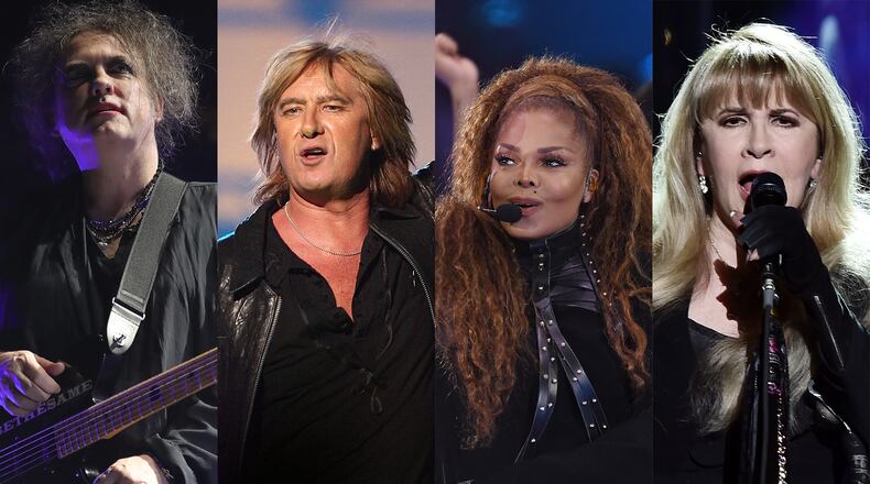 Inductees included (L-R) the Cure (with lead singer Robert Smith), Def Leppard (with lead singer Joe Elliot), Janet Jackson and Stevie Nicks. CREDIT: Getty Images