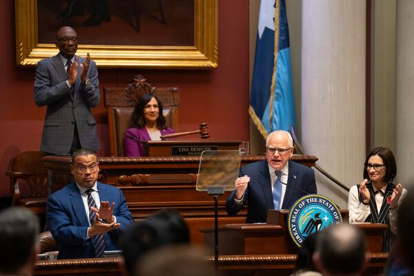 Minnesota Gov. Tim Walz delivers his State of the State address before a joint session of the Legislature at the state Capitol in St. Paul, Minn., Wednesday, April 23, 2025. (Jeff Wheeler/Star Tribune via AP)