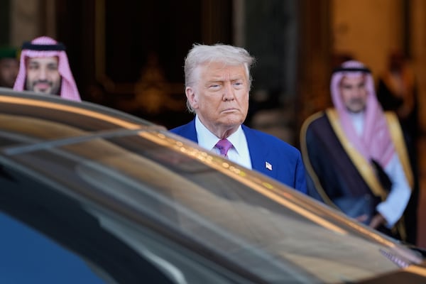President Donald Trump looks on as he leaves the Royal Palace after a signing ceremony with Saudi Crown Prince Mohammed bin Salman in Riyadh, Saudi Arabia, Tuesday, May 13, 2025. (AP Photo/Alex Brandon)