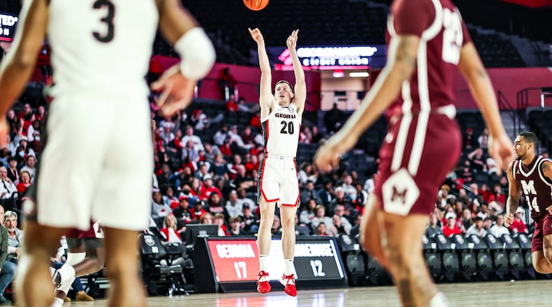 Georgia basketball player Noah Baumann (20) puts up a shot during an exhibition against Morehouse at Stegeman Coliseum in Athens on Friday, Nov. 3, 2021. (Photo by Tony Walsh)
