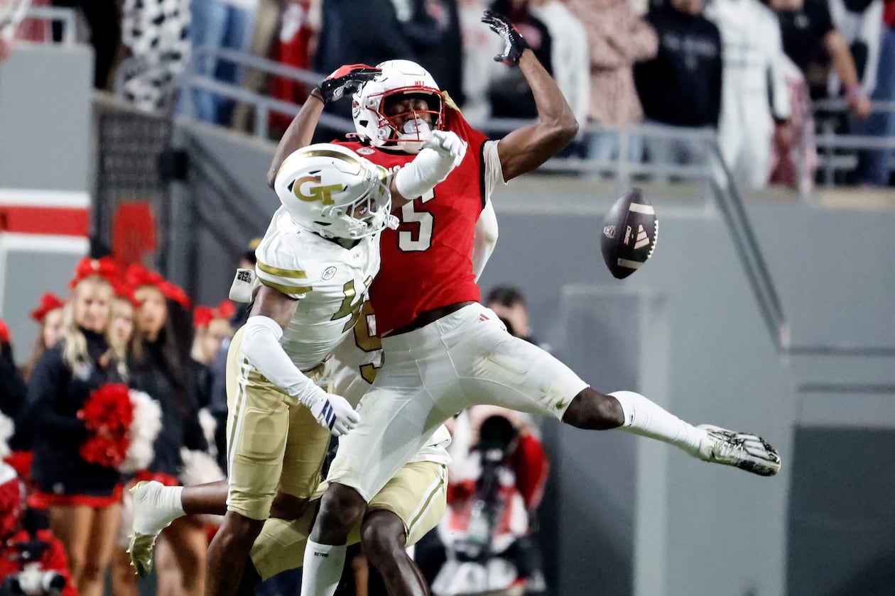 Georgia Tech defensive back Daiquan White breaks up a pass intended for North Carolina State wide receiver Noah Rogers during the first half of an NCAA college football game in Raleigh, N.C., Saturday, Nov. 1, 2025. (Karl DeBlaker/AP)
