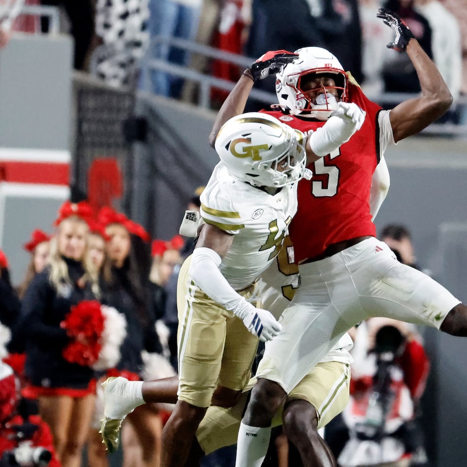 Georgia Tech defensive back Daiquan White breaks up a pass intended for North Carolina State wide receiver Noah Rogers during the first half of an NCAA college football game in Raleigh, N.C., Saturday, Nov. 1, 2025. (Karl DeBlaker/AP)