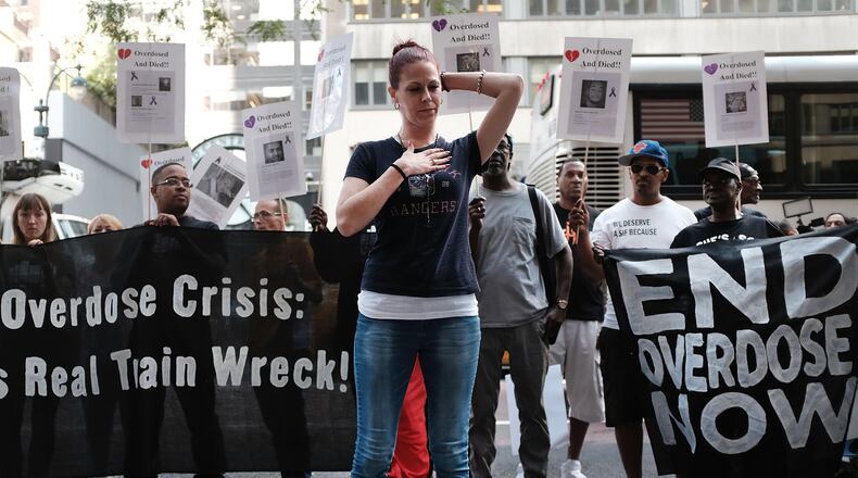 Sarah Wilson joins a morning rally calling for “bolder political action” in combating the overdose epidemic outside of the office of New York Gov. Andrew Cuomo on Aug. 17 in New York City.