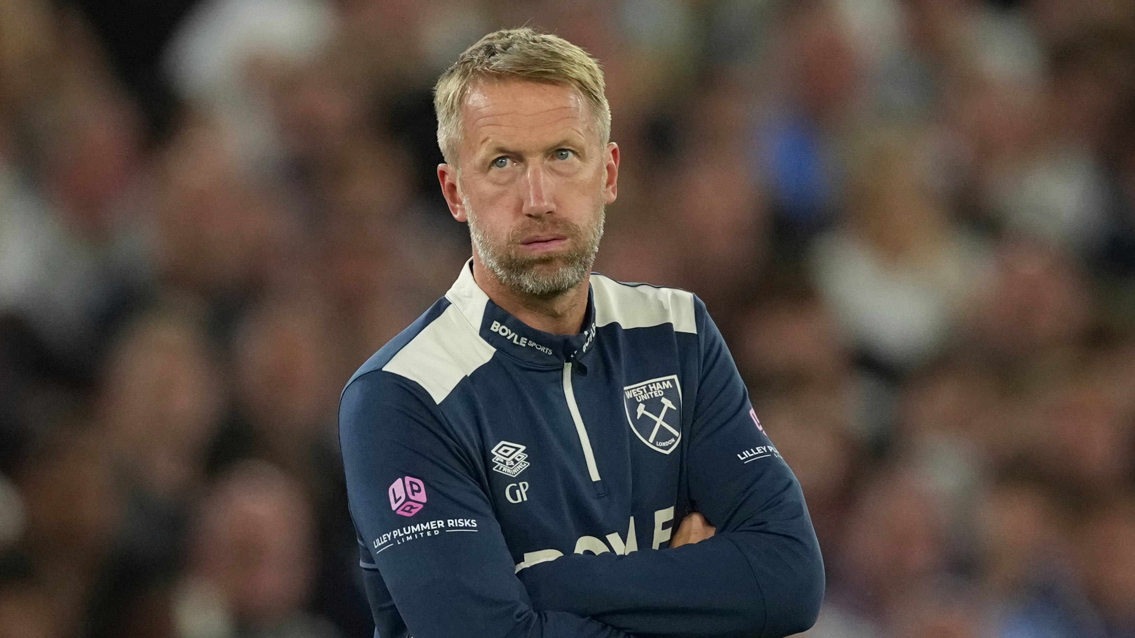 FILE - West Ham's head coach Graham Potter reacts during the Premier League soccer match between Chelsea and West Ham in London, Friday, Aug. 22, 2025. (AP Photo/Dave Shopland, file)