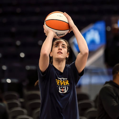 Indiana Fever's Caitlin Clark warms up before the Golden State Valkyries played the Indiana Fever at Chase Center in San Francisco Thursday, May 28, 2026.(Carlos Avila Gonzalez/San Francisco Chronicle via AP)