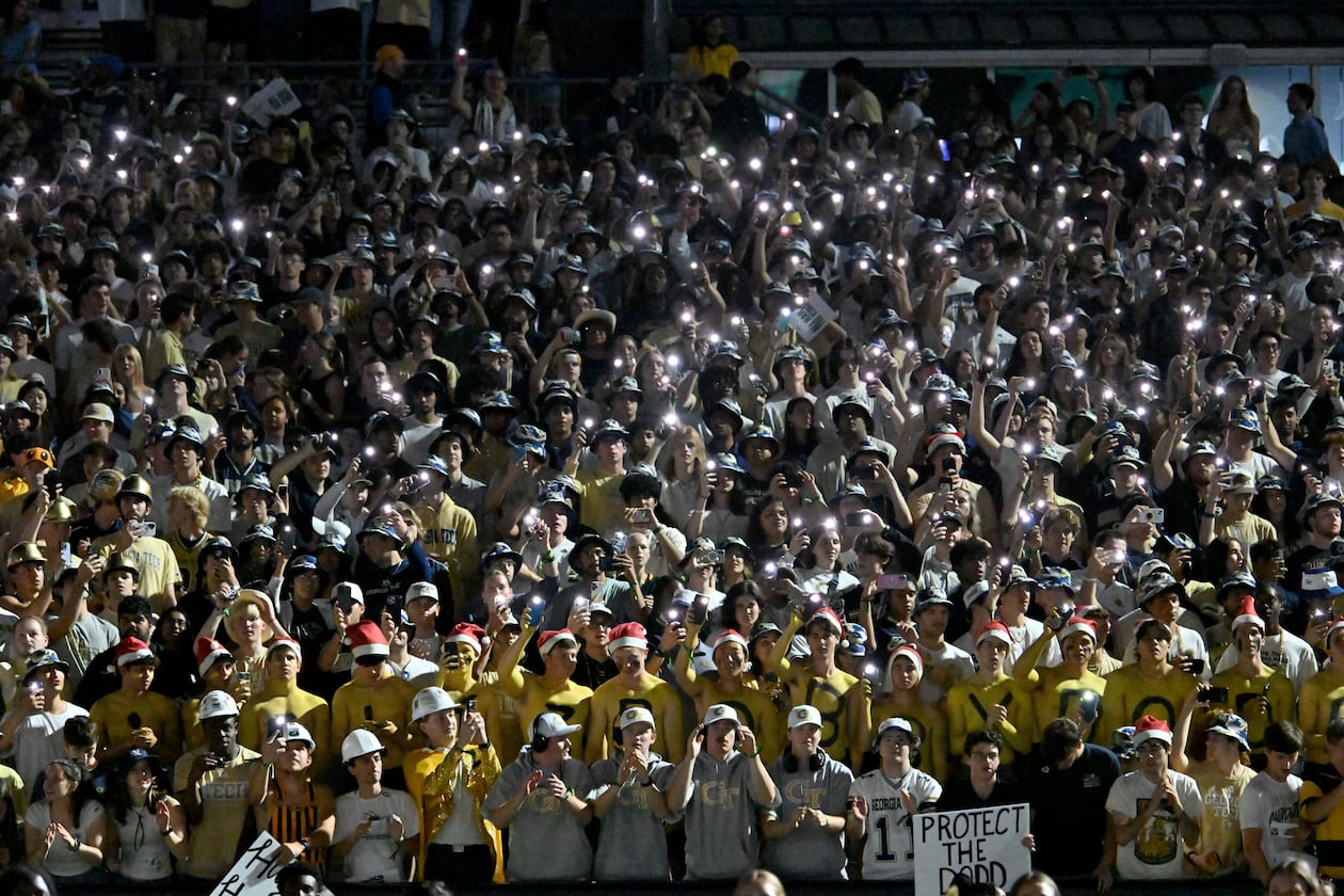 Georgia Tech fans cheer before the final regular-season home game against Pittsburgh at Bobby Dodd Stadium, Saturday, Nov. 22, 2025, in Atlanta. (Hyosub Shin/AJC)
