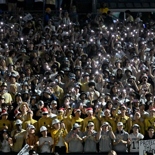 Georgia Tech fans cheer before the final regular-season home game against Pittsburgh at Bobby Dodd Stadium, Saturday, Nov. 22, 2025, in Atlanta. (Hyosub Shin/AJC)