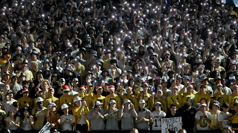 Georgia Tech fans cheer before the final regular-season home game against Pittsburgh at Bobby Dodd Stadium, Saturday, Nov. 22, 2025, in Atlanta. (Hyosub Shin/AJC)