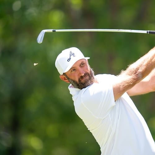 4Aces GC captain Dustin Johnson of hits his shot from the eighth tee during the third round of LIV Golf Mexico City tournament, Saturday, April 18, 2026 in Naucalpan, Mexico. (Mateo Villalba/LIV Golf via AP)
