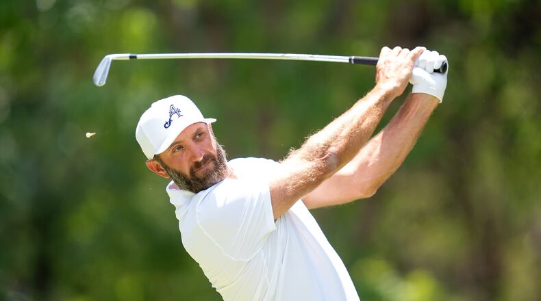 4Aces GC captain Dustin Johnson of hits his shot from the eighth tee during the third round of LIV Golf Mexico City tournament, Saturday, April 18, 2026 in Naucalpan, Mexico. (Mateo Villalba/LIV Golf via AP)