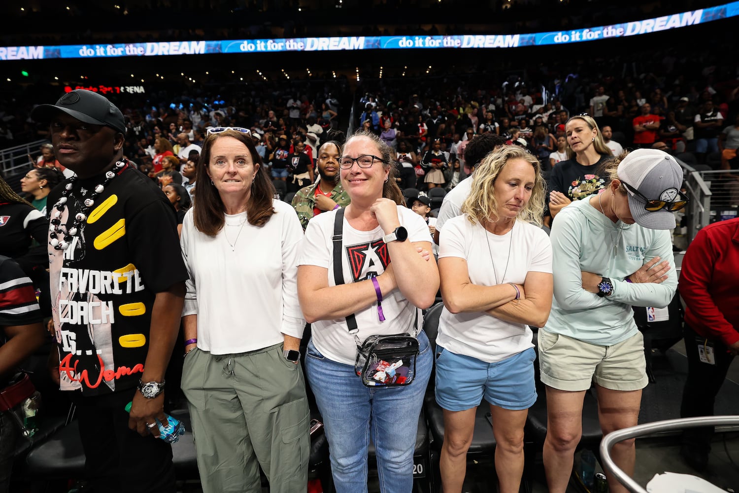 Fans react during the second half of a WNBA game between the Atlanta Dream and Las Vegas Aces at State Farm Arena on Sunday, May 17, 2026, in Atlanta. (Colin Hubbard for the AJC) 