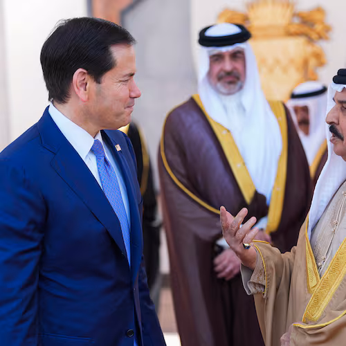 U.S. Secretary of State Marco Rubio, left, and Bahrain's King Hamad bin Isa Al Khalifa share a word after their meeting, at Al-Sakhir Palace near Zallaq, Bahrain Thursday, June 25, 2026. (Eric Lee/Pool Photo via AP)