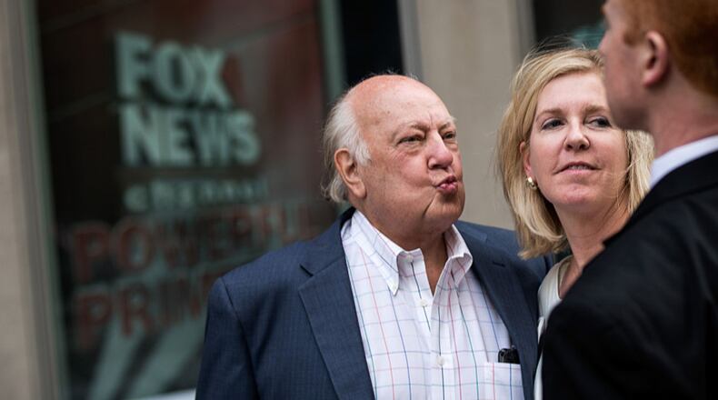 Former Fox News chairman Roger Ailes walks with his wife Elizabeth Tilson as they left the News Corp building in New York City last summer. After leaving the network that he co-founded following a sexual harrassment lawsuit, Ailes has now bought a $36 million dollar mansion in Palm Beach, Fla.