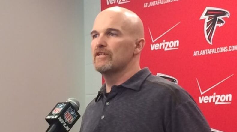 Falcons coach Dan Quinn talking to the media recently. (By D. Orlando Ledbetter/DLedbetter@ajc.com)