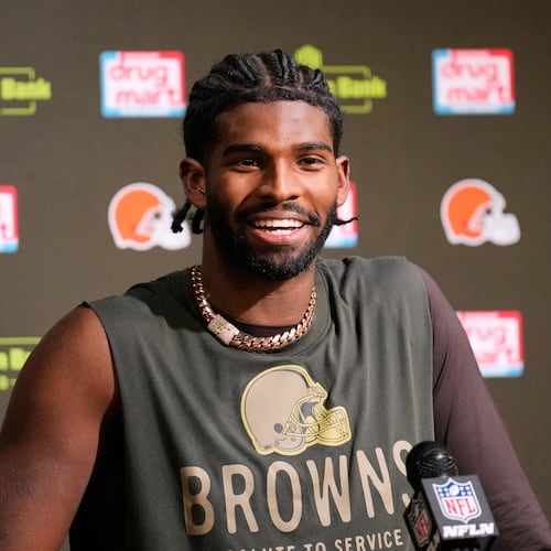 Cleveland Browns quarterback Shedeur Sanders responds to a question during a news conference after an NFL football game against the Baltimore Ravens in Cleveland, Sunday, Nov. 16, 2025. (AP Photo/Sue Ogrocki)