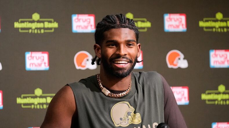 Cleveland Browns quarterback Shedeur Sanders responds to a question during a news conference after an NFL football game against the Baltimore Ravens in Cleveland, Sunday, Nov. 16, 2025. (AP Photo/Sue Ogrocki)