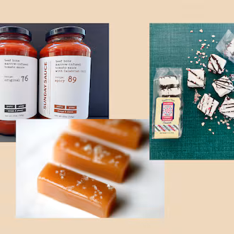 Southern-made products to try include (from left) beef bone-based Sunday Sauce, handmade caramels from Shotwell Candy Co., peppermint-dipped marshmallows from Atlanta Candy Kitchen and whipped honey with lemon from Savannah Bee Company. (Courtesy of the Sunday Sauce Company, Cheryl Malik/Shotwell Candy Co., Atlanta Candy Kitchen, Savannah Bee Company)