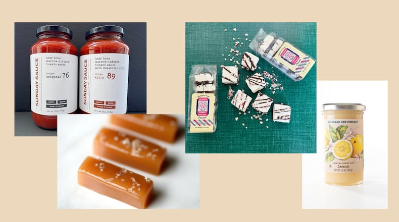 Southern-made products to try include (from left) beef bone-based Sunday Sauce, handmade caramels from Shotwell Candy Co., peppermint-dipped marshmallows from Atlanta Candy Kitchen and whipped honey with lemon from Savannah Bee Company. (Courtesy of the Sunday Sauce Company, Cheryl Malik/Shotwell Candy Co., Atlanta Candy Kitchen, Savannah Bee Company)