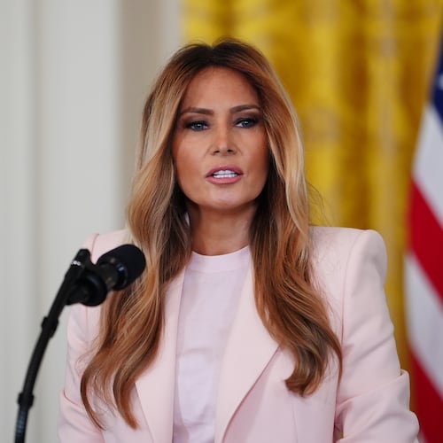 First lady Melania Trump speaks during an event for military mothers in the East Room of the White House, Wednesday, May 6, 2026, in Washington. (AP Photo/Julia Demaree Nikhinson)
