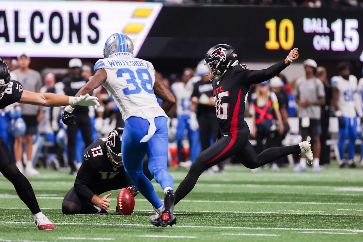In the Falcons' exhibition game in August against the Lions, placekicker Lenny Krieg (right) made one of two field goals — with the successful kick a 57-yarder — and kicked an extra point at Mercedes-Benz Stadium. The German has been on Atlanta's practice squad this season as part of the NFL's International Player Pathways program. (Arvin Temkar/AJC)
